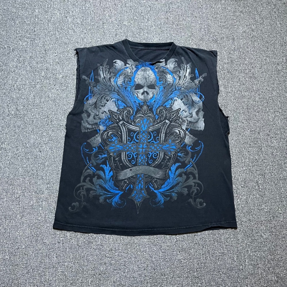 Y2K MMA Elite XL Graphic Muscle Tee Cut Sleeves Shirt Black Skulls Goth Punk